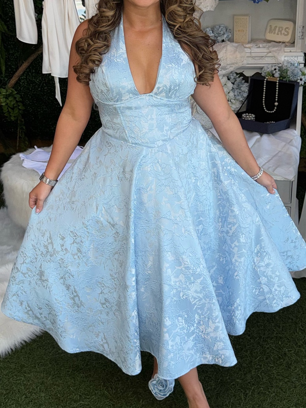 Fashion Nova Powder Blue Floral Jacquard Midi Dress